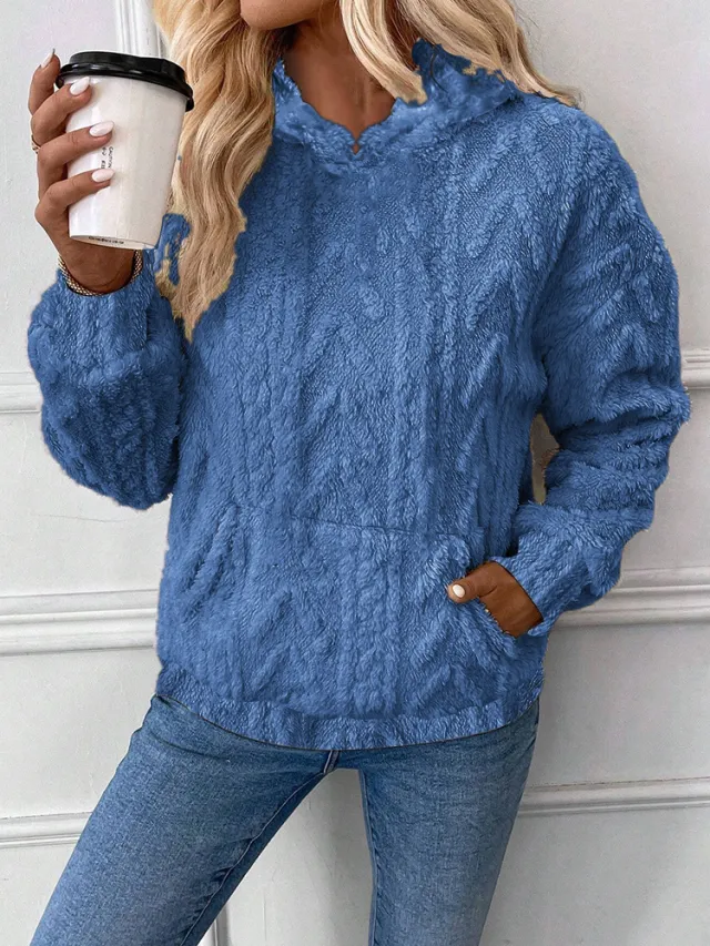 Women's Pullover Jacquard Hooded Loose Fleece Sweatshirt Blue - Shop at LoveMi