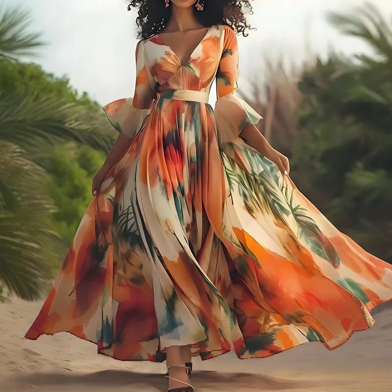 Women's Fashion Printed Vacation Style Large Swing Beach Dress - Color-S