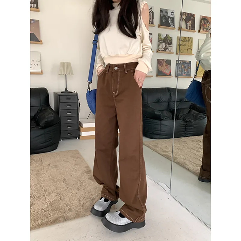 Women's Autumn And Winter Brown Wide-leg Jeans - Brown Trousers