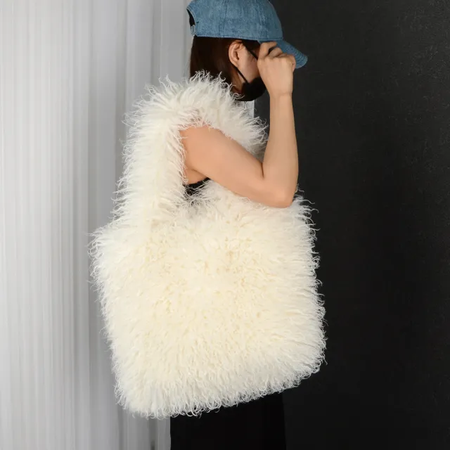 Faux Fur Beach Wool Plush Bag Portable Shoulder Large Capacity Totes White - Shop at LoveMi