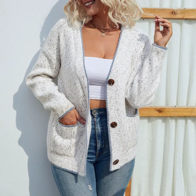 Wool Rain Contrast Color Button Sweater Women Beige - Shop at LoveMi