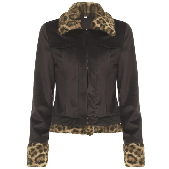 Retro Wild Leopard Fur Patchwork Pocket Jacket Brown - Shop at LoveMi