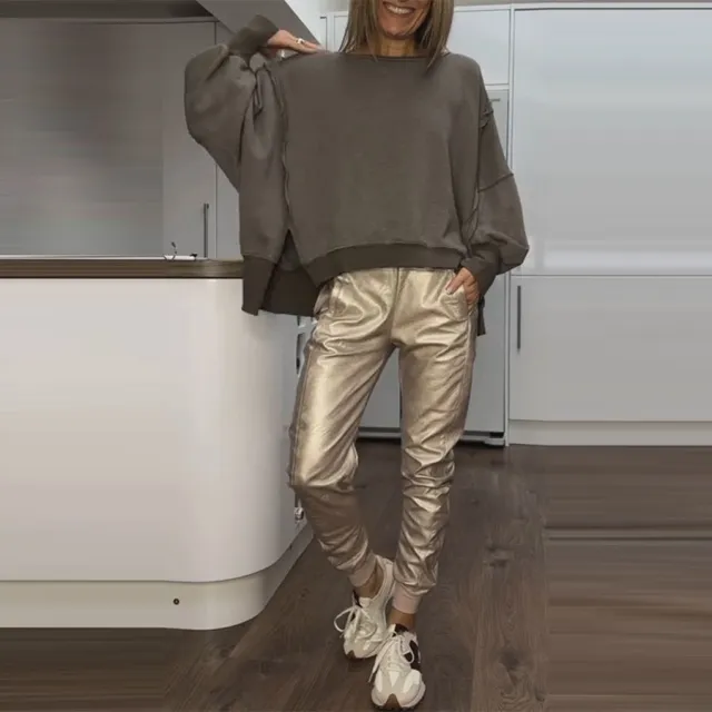 Side Slit Round Neck Casual Top Plus Small Angle Blouse And Pants Female Army Green - Shop at LoveMi