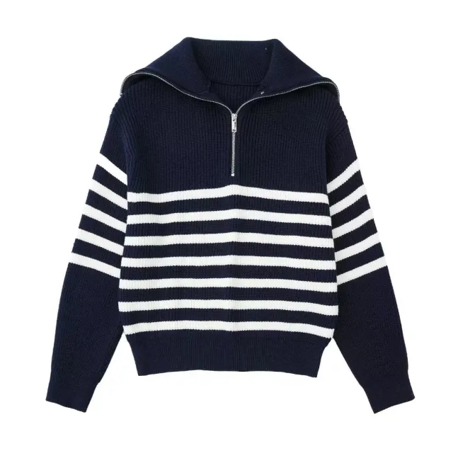 Casual All match Open Collar Wool Sweater Navy Blue Stripes - Shop at LoveMi