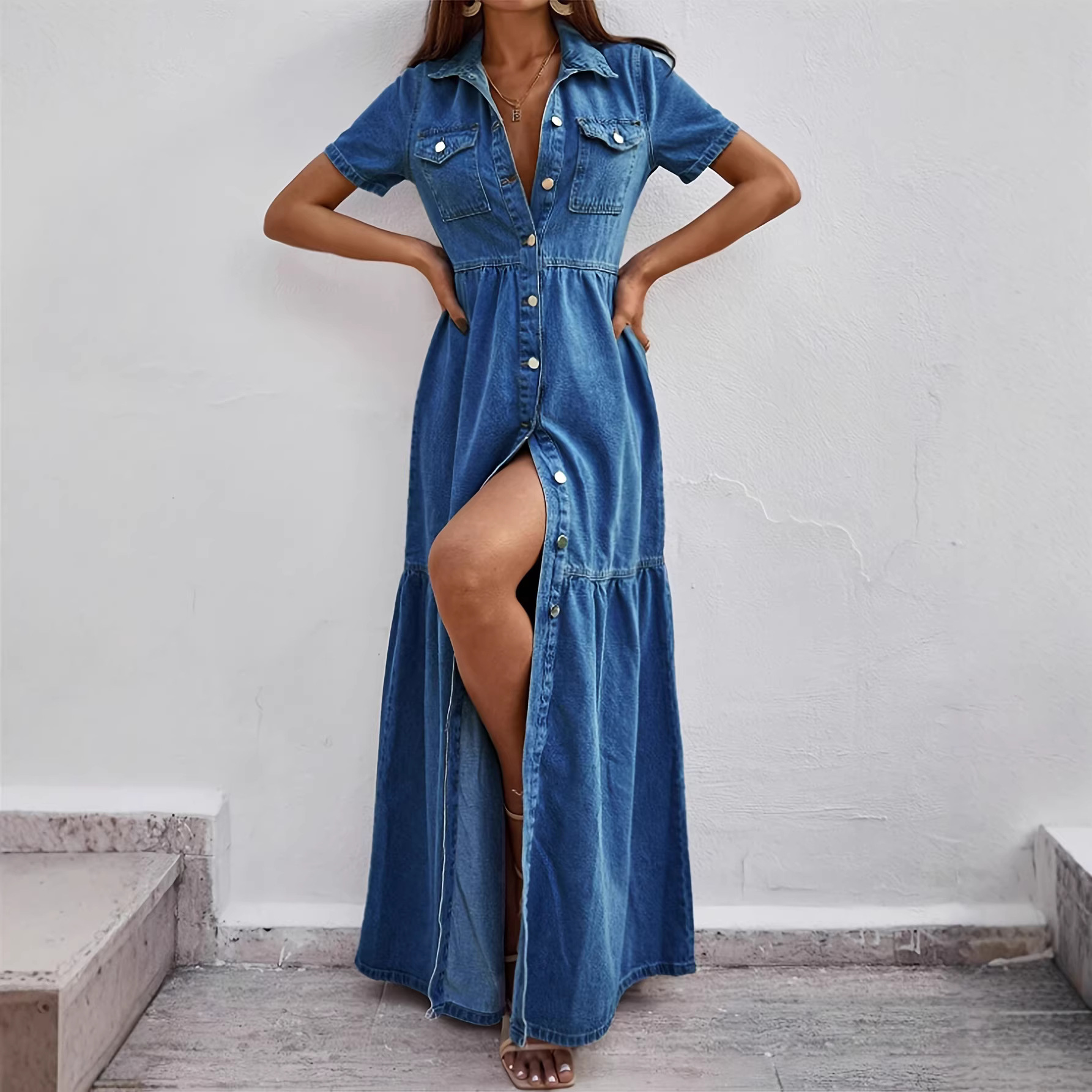 Denim Lapel-Collar Maxi Dress, picture 5 of 5