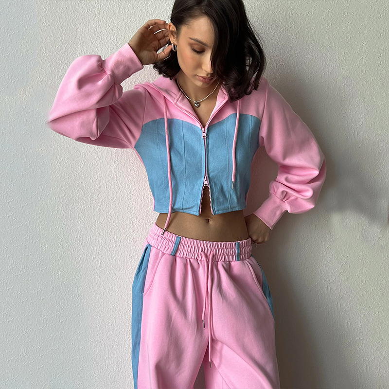 Casual Contrast Color Long Sleeve Color Matching Cardigan Cap Sweatpants Two piece Set Pink - Shop at LoveMi