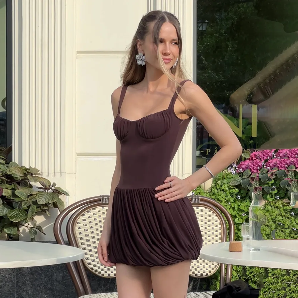 European And American Style Strap Tube Top Dress Sexy Waist Trimming Solid Color Pleated - Brown
