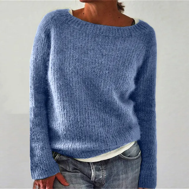 Women's Sweater Solid Color Static Version Basic Style Round Neck Light Blue - Shop at LoveMi