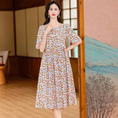Cotton Silk Fashion Floral Loose Plus Size Outer Wear Dress - No 7 - View 1