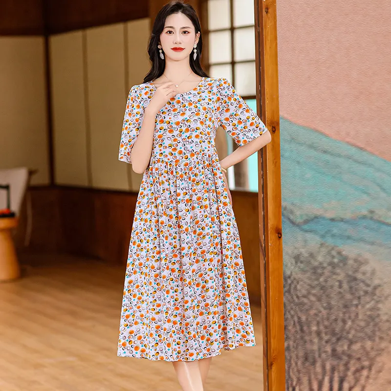 Cotton Silk Fashion Floral Loose Plus Size Outer Wear Dress - No 7