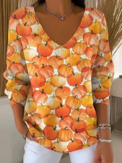 Drop Shoulder V-neck Long Sleeve Pullover 3D Digital Printing Women's Top T-shirt - 04 - View 1