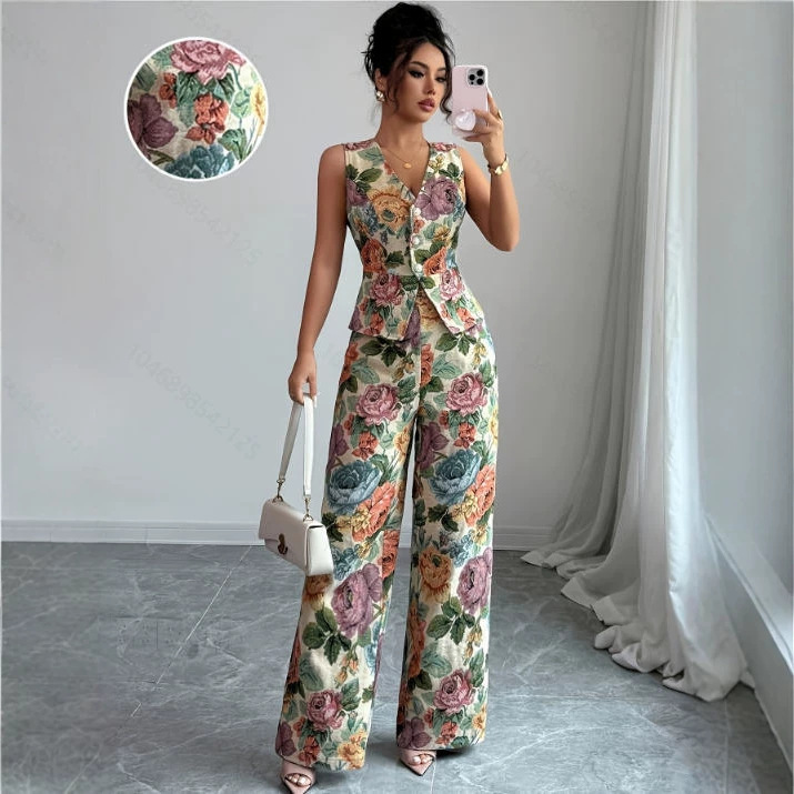 Womens Printed Waist-Cinching Sleeveless Vest Top High-Waisted Wide-Leg Pants Two-Piece Set 5