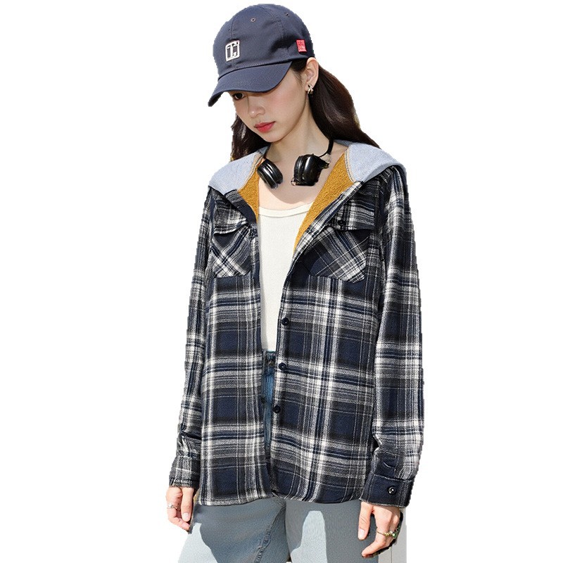 Casual And Loose Hooded Plaid Shirt Top For Women - Image 4