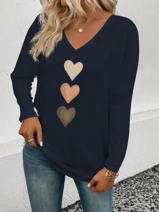 Fashionable Casual And Comfortable Women's V neck Long sleeve Top Navy Blue Love - Shop at LoveMi