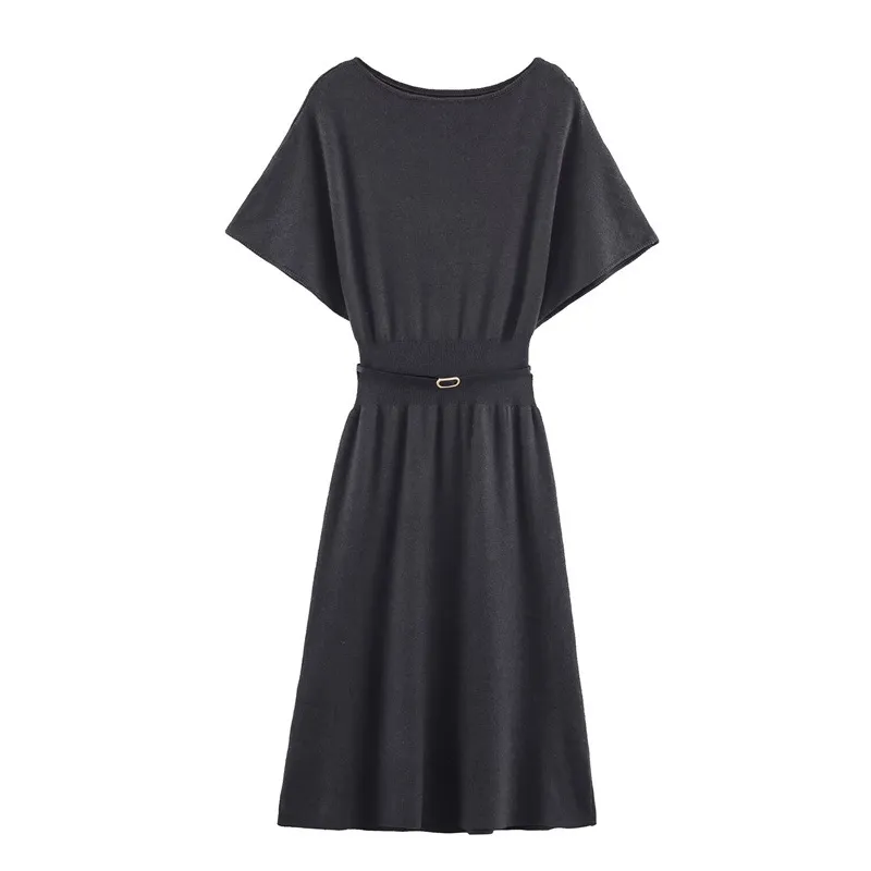 European And American Style Fashion Belted Knit Midi Dress - Picture Color-Xs