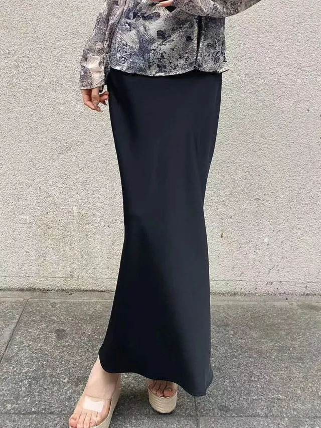 Oblique Cut Glossy Silky Half Body New Acetate Satin Temperament High Waist Fishtail Skirt Black - Shop at LoveMi