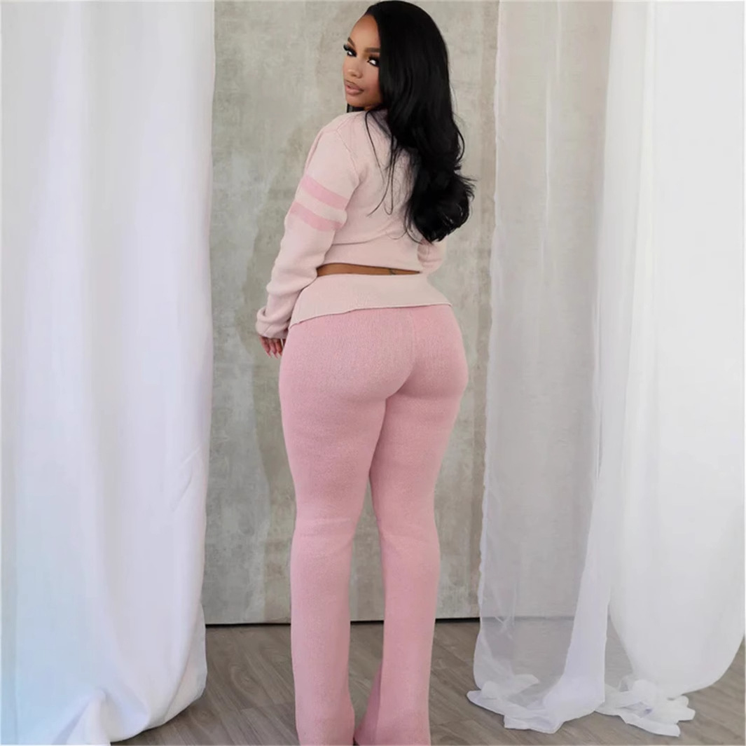 Contrast Color Fashion All-match V-neck Solid Color Knit Casual Long Sleeve Top And Trousers Suit