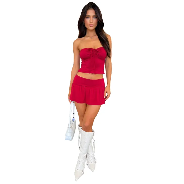 Women's Fashion Tube Top Pleating Double layer Pantskirt Two piece Set Red - Shop at LoveMi