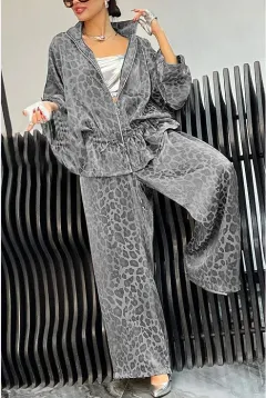 European And American Lapel Waist Drawstring Long Sleeve Leopard Print Casual Suit - Grey - View 1