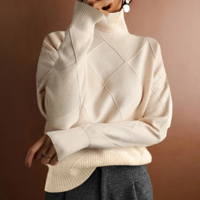 Loose High Collar Warm Sweater Solid Color Knitted Women Beige - Shop at LoveMi