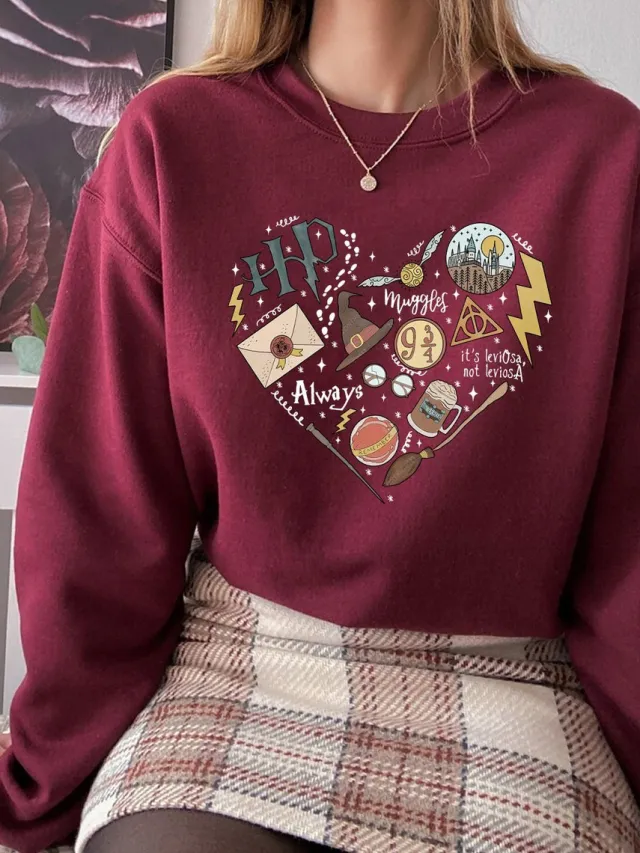 Digital Printing Sweater Hipster Round Neck Pullover Long Sleeve Sweater Women Red - Shop at LoveMi