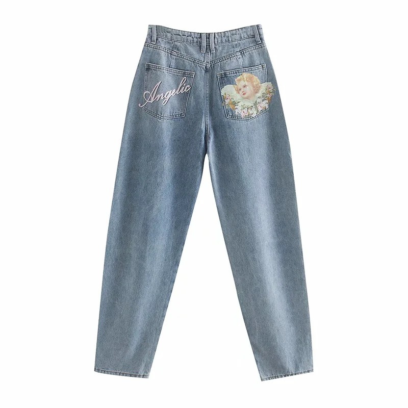 Title 6, Amerikanische High Waist Jeans mit Engelsdruck,...