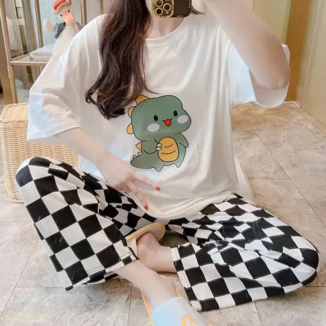 Pajamas Women's Round Neck Summer Short Sleeve Thin White Dinosaur - Shop at LoveMi