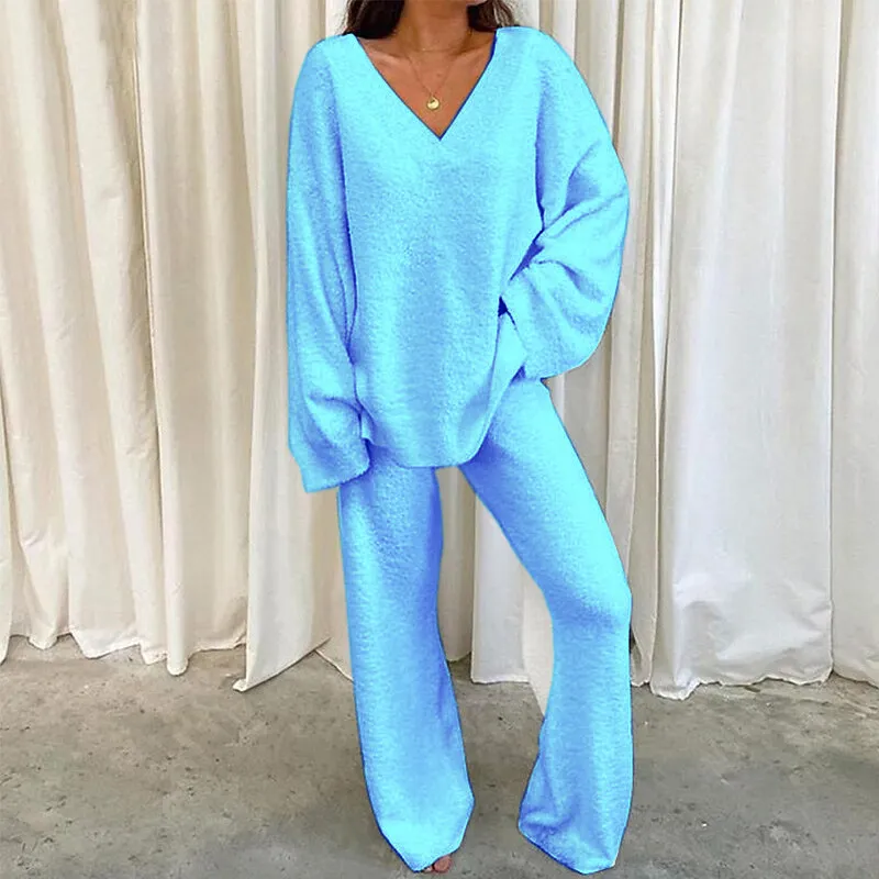 Winter Solid Colour And V-neck Casual Daily Home Warm Two-piece Suit - Light Blue