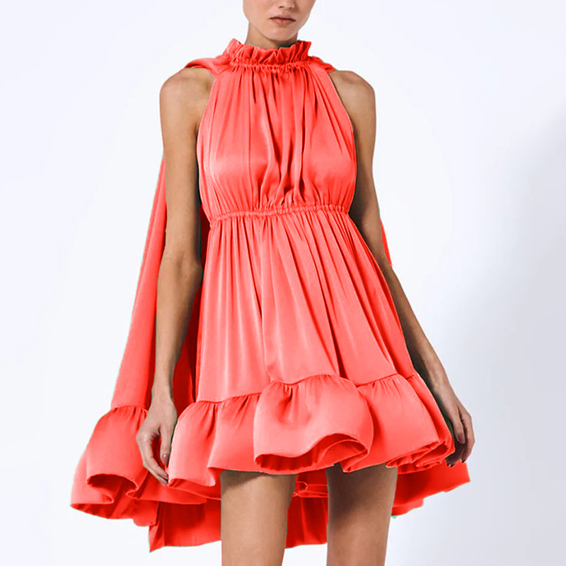 Fashion Pleated Waist-tight Cape Ruffled Dress Women