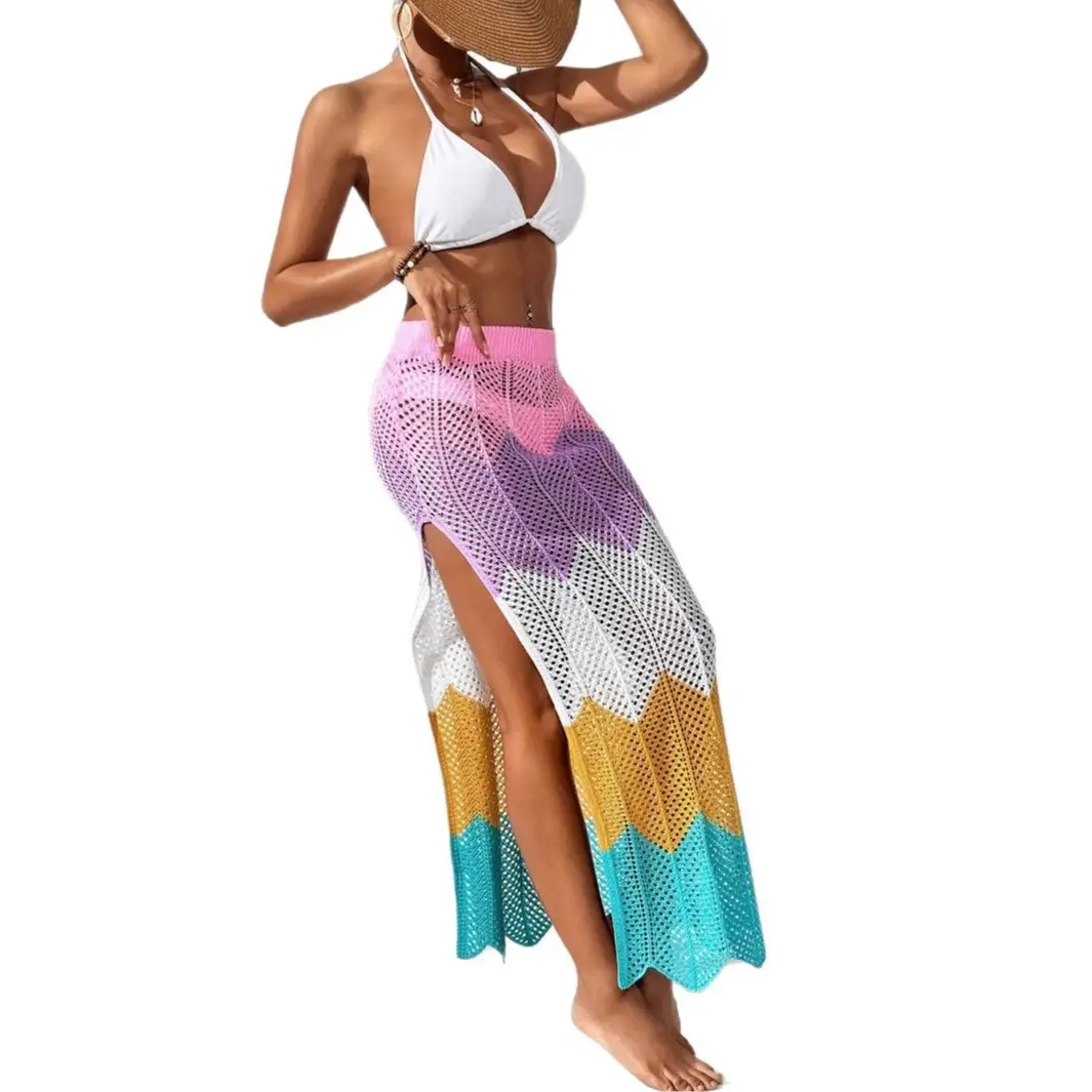 Womens Color-Block Patchwork Wave-Print Sexy Slit Midi Skirt