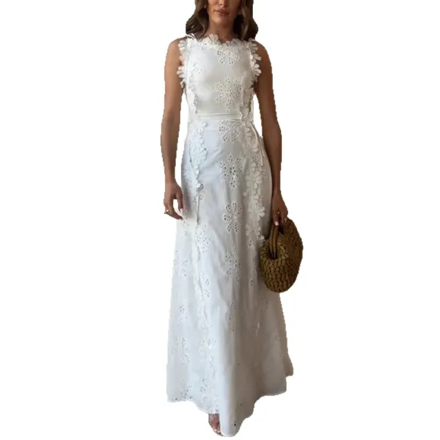 Summer Lace Embroidery Tied Slim Fit Dress Women White - Shop at LoveMi