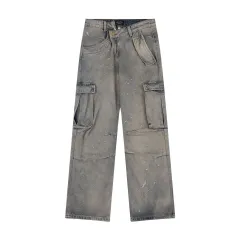 American Street Fashion Retro Easy Matching Washed Cargo Pocket Denim Trousers - Blue - View 1