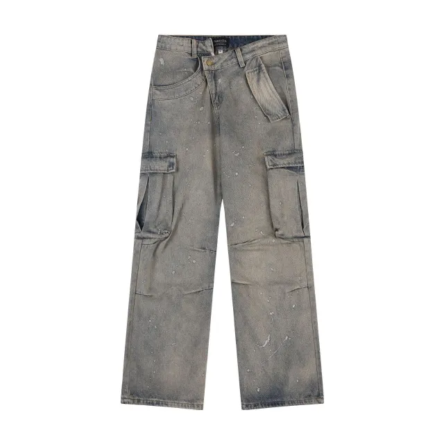 American Street Fashion Retro Easy Matching Washed Cargo Pocket Denim Trousers Blue - Shop at LoveMi