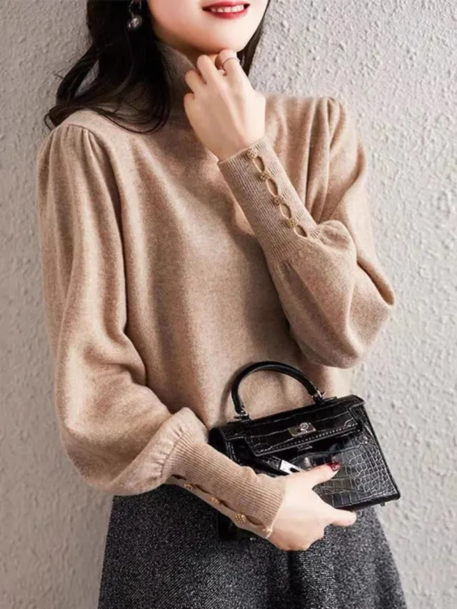 French Style Retro Minority Lantern Sleeve Turtleneck Sweater Camel - Shop at LoveMi