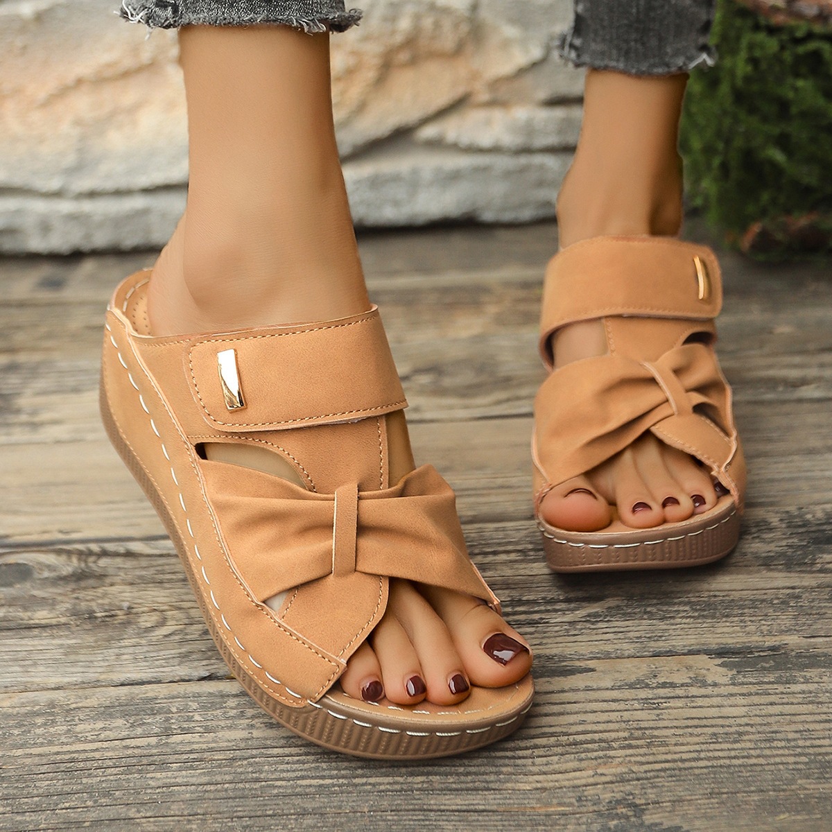 Womens Bow-knot Slip-on Wedge Sandals With A Hollowed-out Design