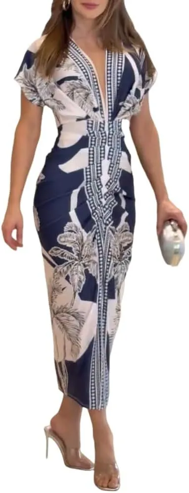 Fashionable Baroque Retro Pattern Long-Sleeve Slim-Fit Deep V-Neck Bodycon Mid-Length Skirt - Blue