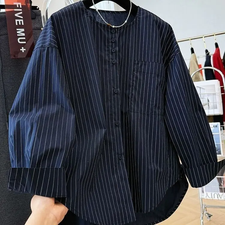 Autumn Simple Elegant Navy Blue Striped Crew-Neck