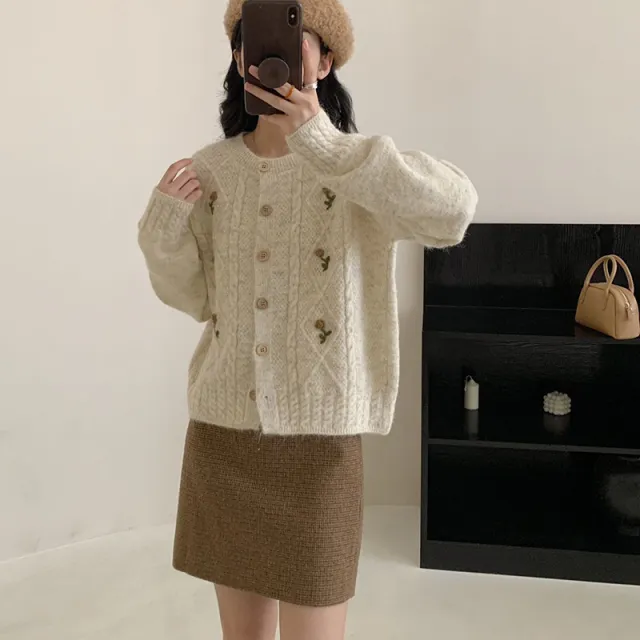 Gentle Vintage Embroidered Sweater Coat For Women Apricot - Shop at LoveMi
