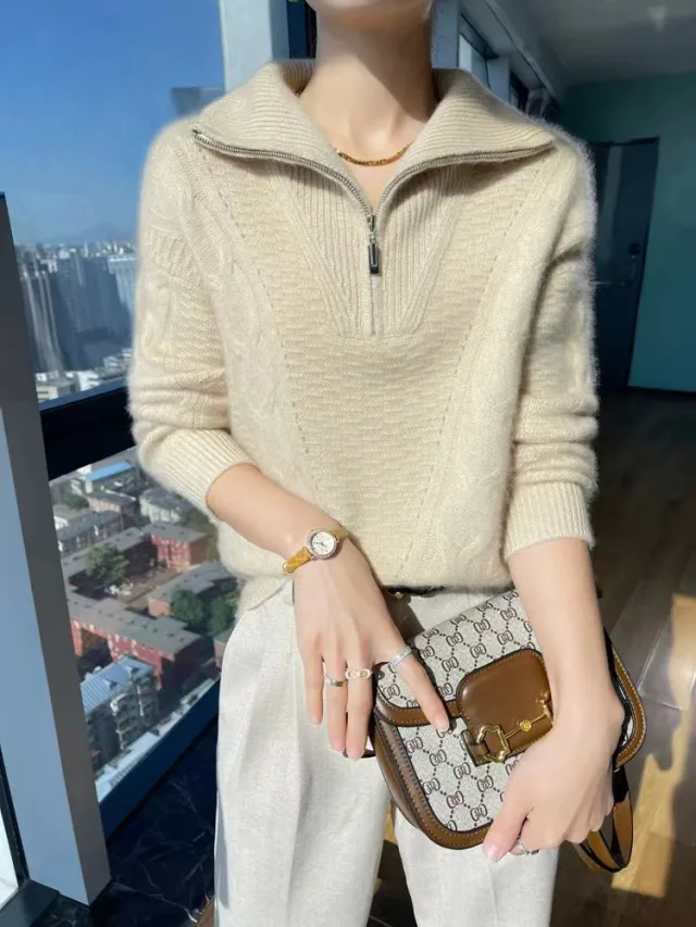 Women's Woolen Sweater Loose Slimming Half open Collar Cyan - Shop at LoveMi