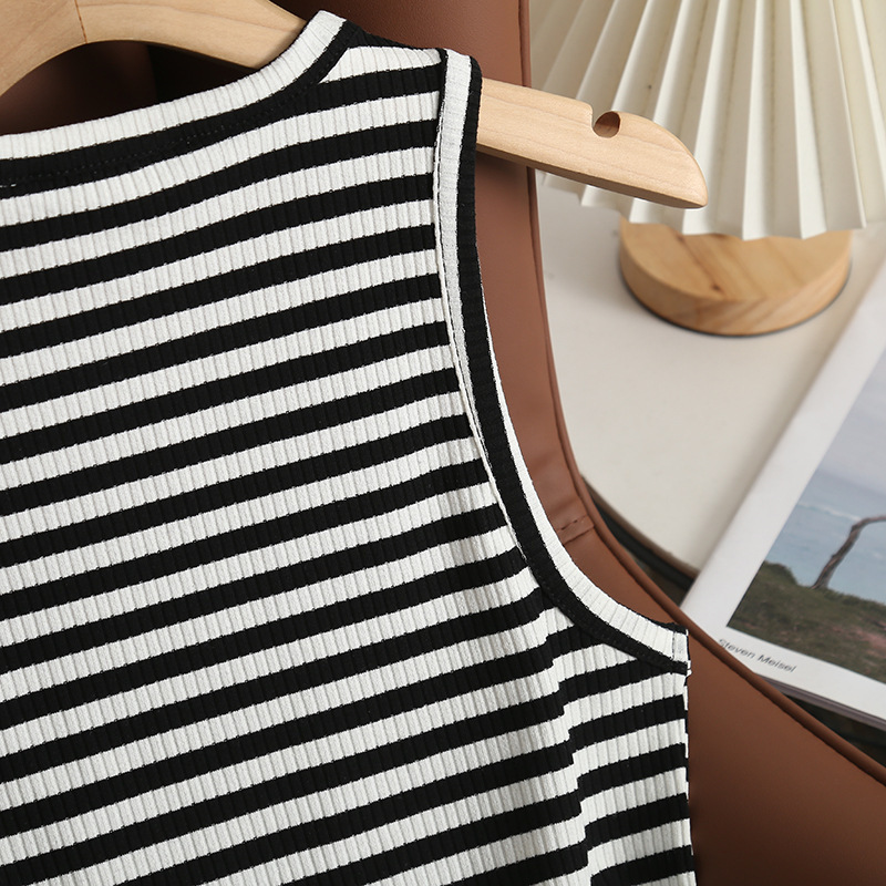 Round Neck Striped Vest Tight Women's Thread Stretch Spaghetti Straps Sleeveless Top