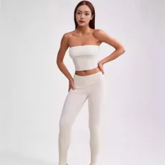 New Women's Tube Top Bell-bottom Pants Yoga Clothes Two-piece Set - Ivory White - View 1