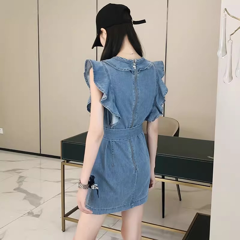Spring And Summer V-neck Flounce Denim Design Ladies Dress