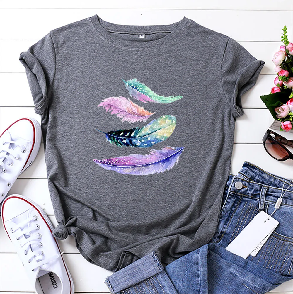 European And American Color Feather Printed Cotton Short-sleeved T-shirt - Dark Gray