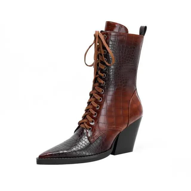 Retro Pointed Stone Pattern Chunky Heel Simple Lace High Heels Fashion Boots Brown - Shop at LoveMi
