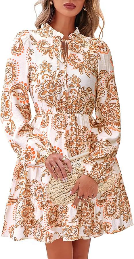 Elegant V-neck Flower Lace-up Long Sleeve Dress