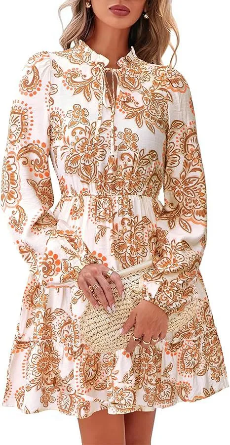 Elegant V neck Flower Lace up Long Sleeve Dress Khaki - Shop at LoveMi