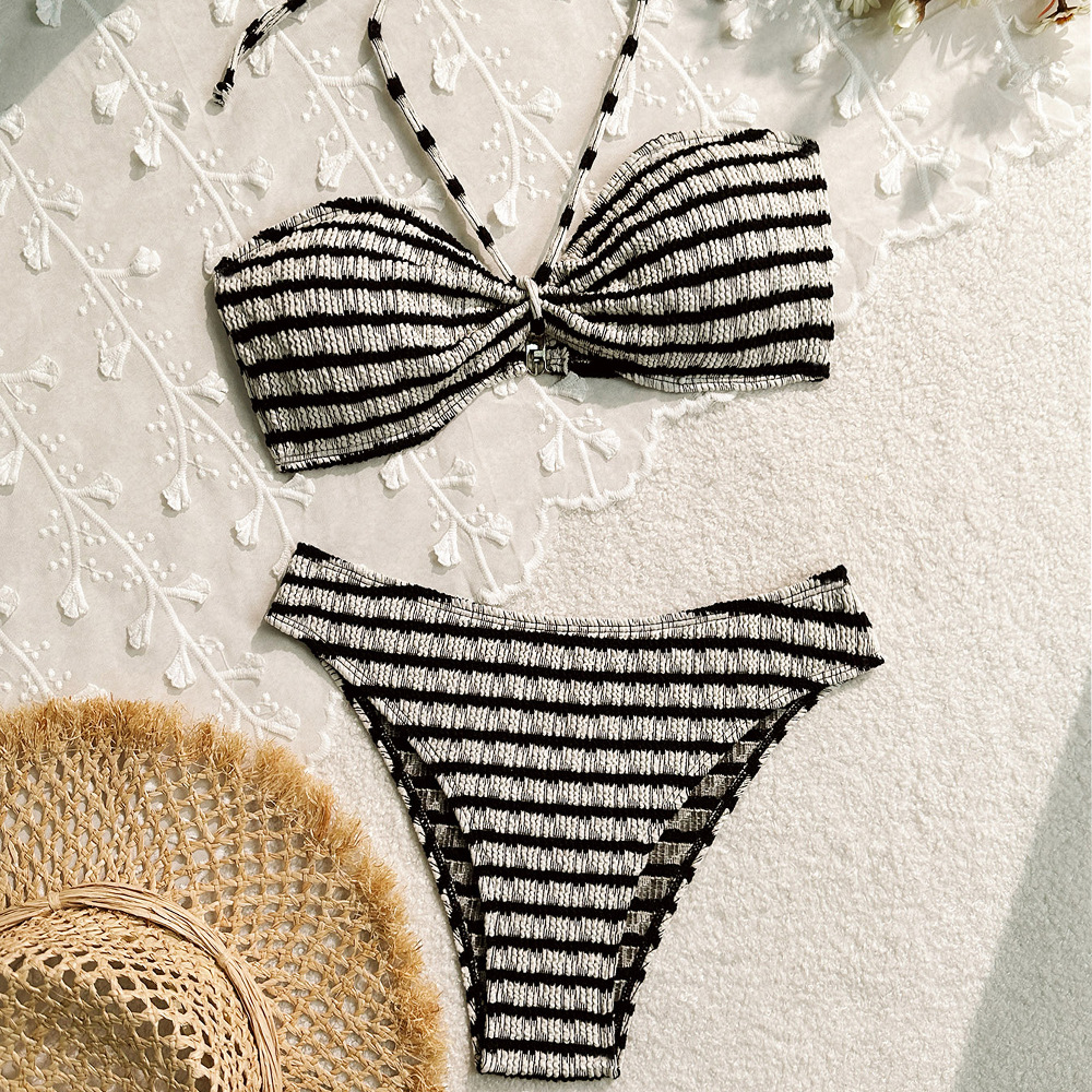 Female Split Stripe Printed Hanging Neck Bikini