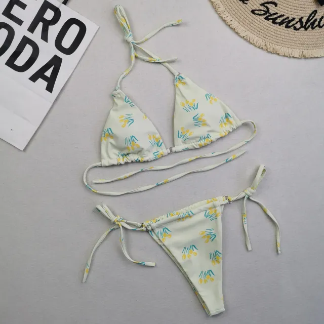 Printed Bikini Drawstring Triangle Swimsuit Yellow - Shop at LoveMi