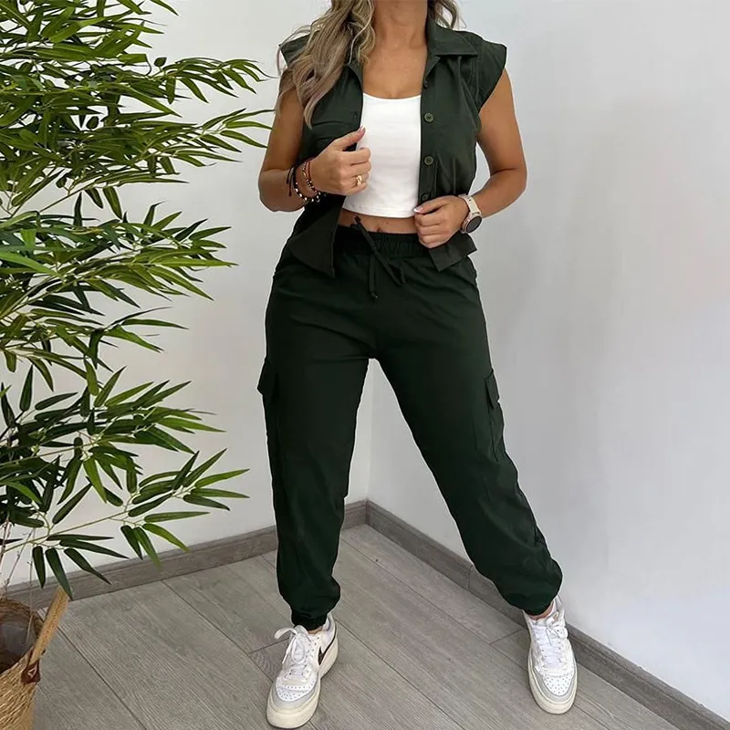 Women's Fashionable Elegant Lapel Short-sleeved Shirt And Trousers Suit - Army Green