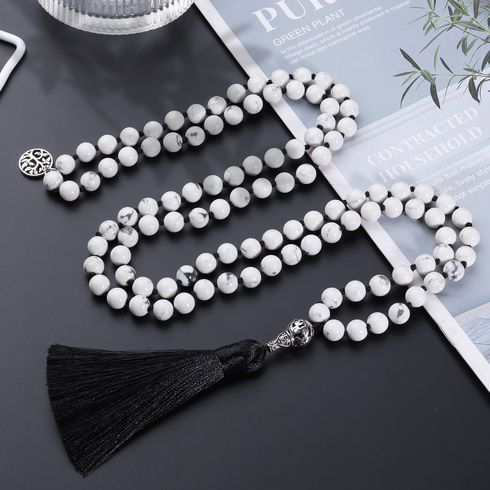 White Marble Mala Beads with Tassel
